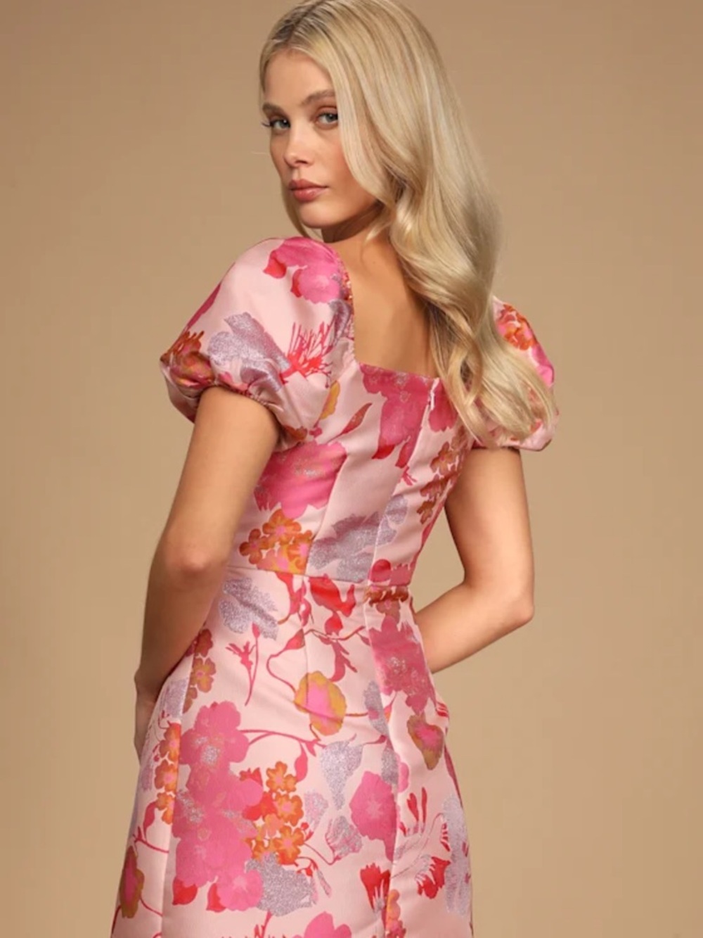 Lulus So Stunning Light Pink Floral Jacquard Puff Sleeve Mini Dress - Picture 4 of 4